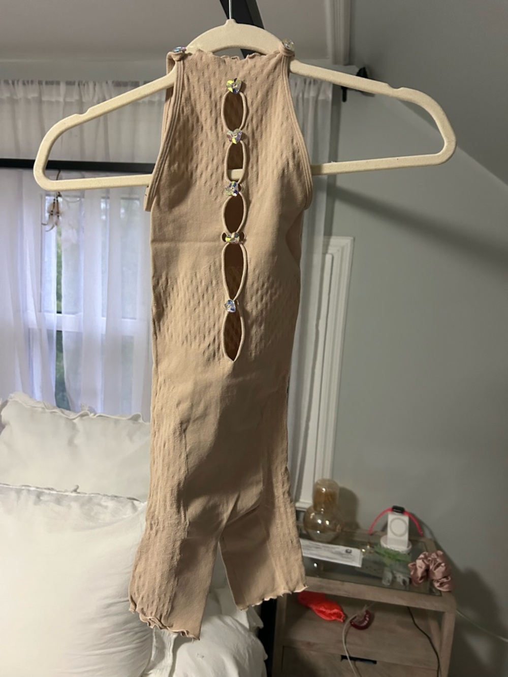POSTER GIRL Beige Mini Dress with Jewel Cutouts
